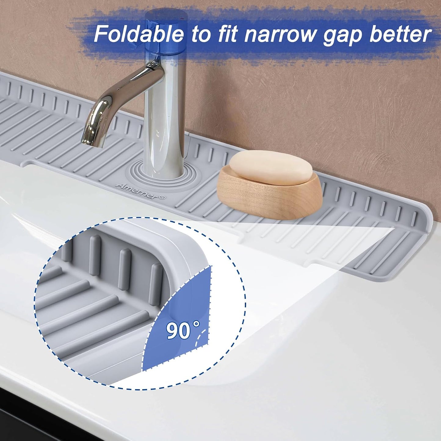Amerner 20 inch Kitchen Sink Splash Guard, 10° Large Slope &amp; Adaptable Hole Faucet Mat for Kitchen Sink, Silicone Sink Organizer Sponge Holder for Kitchen, Bathroom, RV, Bar, 20” x 5.5”, Gray