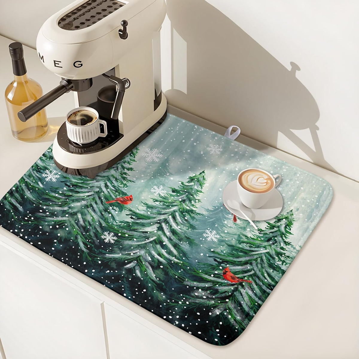 Welcome Winter Pines Tree Dish Drying Mat, Winter Snowflake Dish Drying Mat for Kitchen Counter, Red Birds Absorbent Fast Dry Dish Drainer Mat Protector Xmas Microfiber Dish Drying Pad 16"x18"