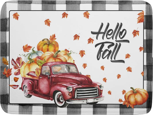 Hello Fall Pumpkin Dish Drying Mat for Kitchen Counter Decor 18x24 Inch Red Truck Harvest Absorbent Reversible Microfiber