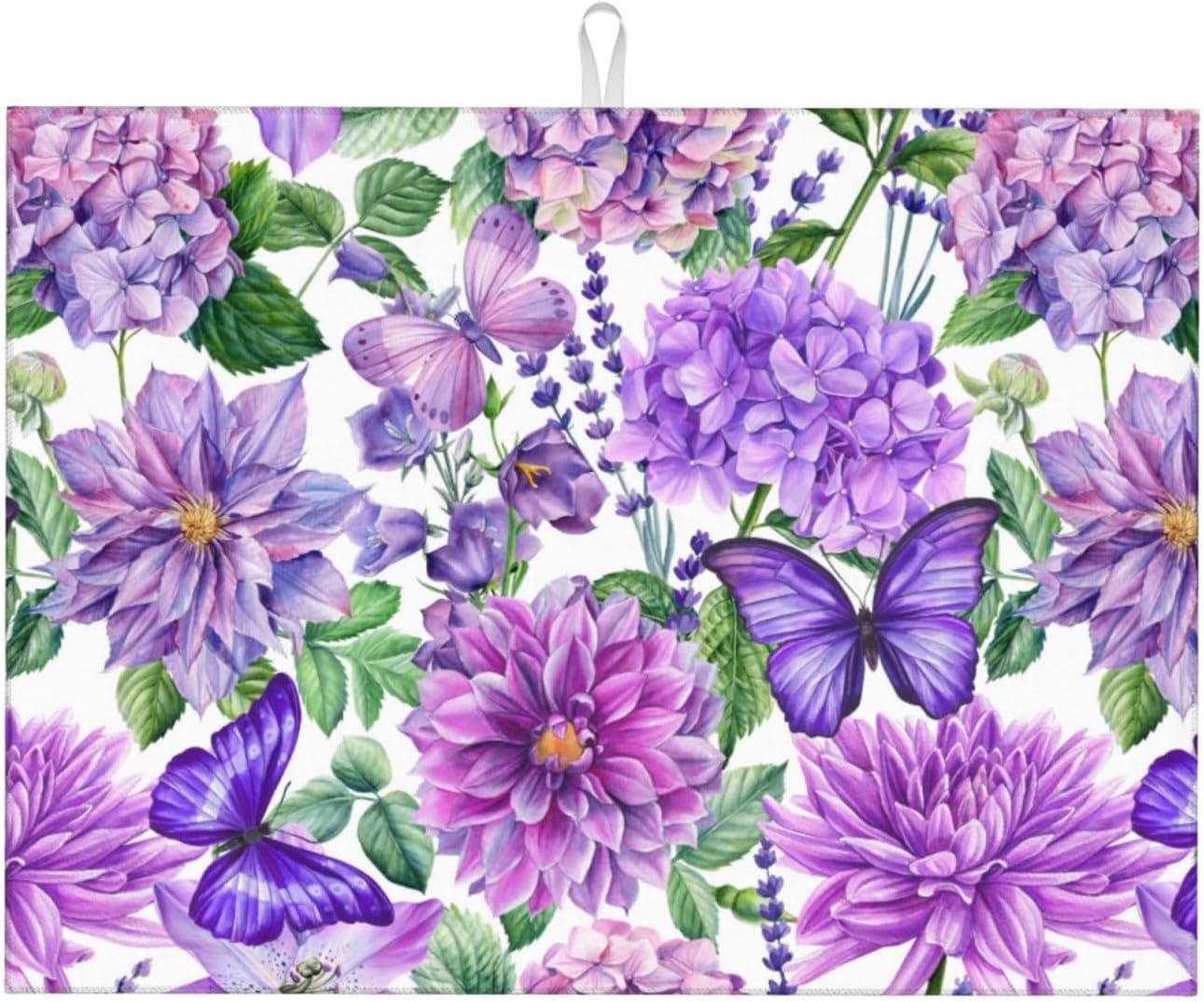 Purple Hydrangea Flowers Dish Drying Mat,Butterfly Floral Drying Rack Pad Countertop Dishes Ultra Absorbent Microfiber
