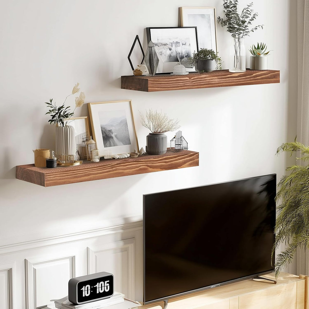 Solid Wood Floating Shelves, 17 Inch Wall Shelves, Set of 2, Brown