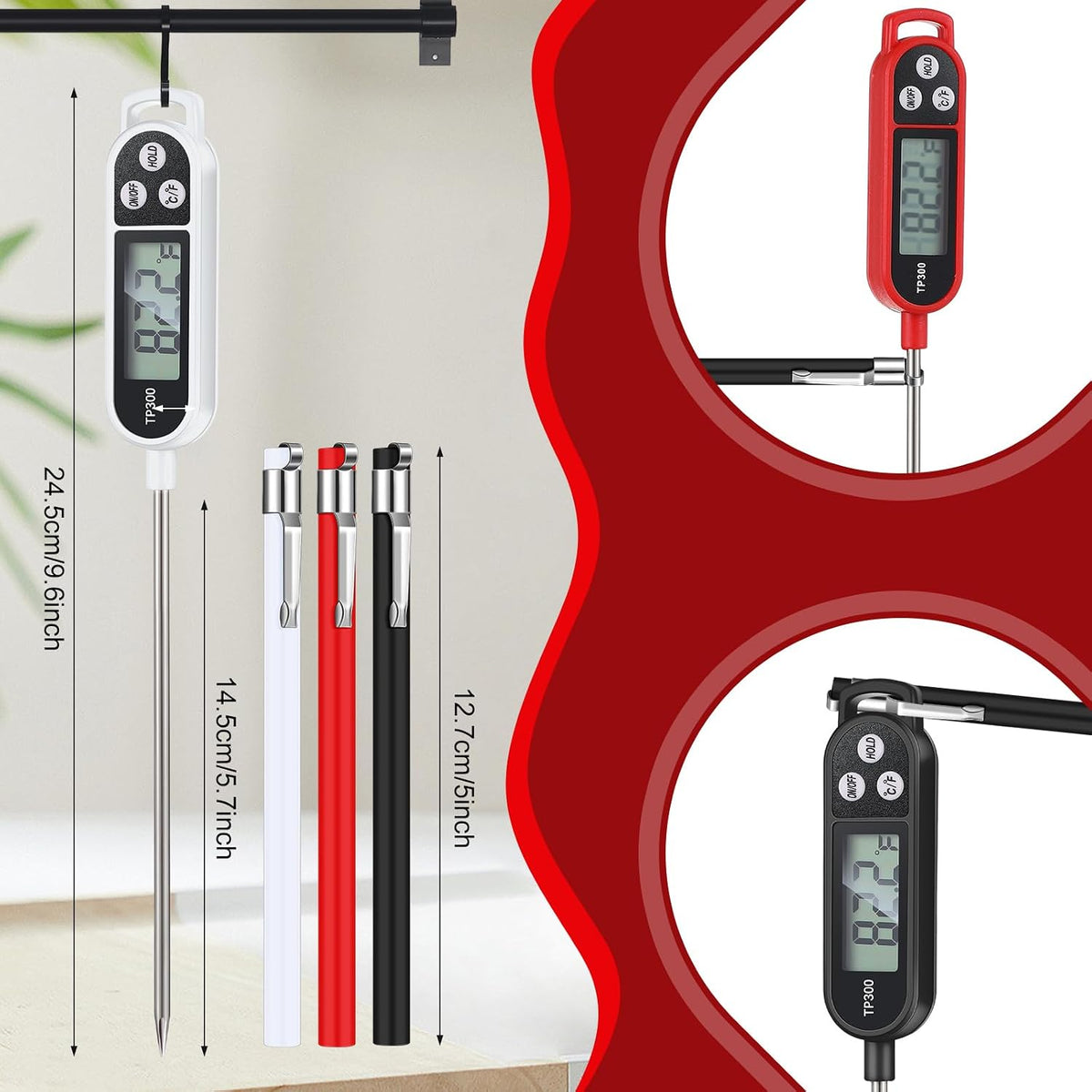 6 Pcs Food Thermometer Instant Read Probe BBQ,Black,White,Red | Meat Water Liquid Digital Waterproof Thermometer Kitchen Cooking Supplies for Cooking Milk Yogurt