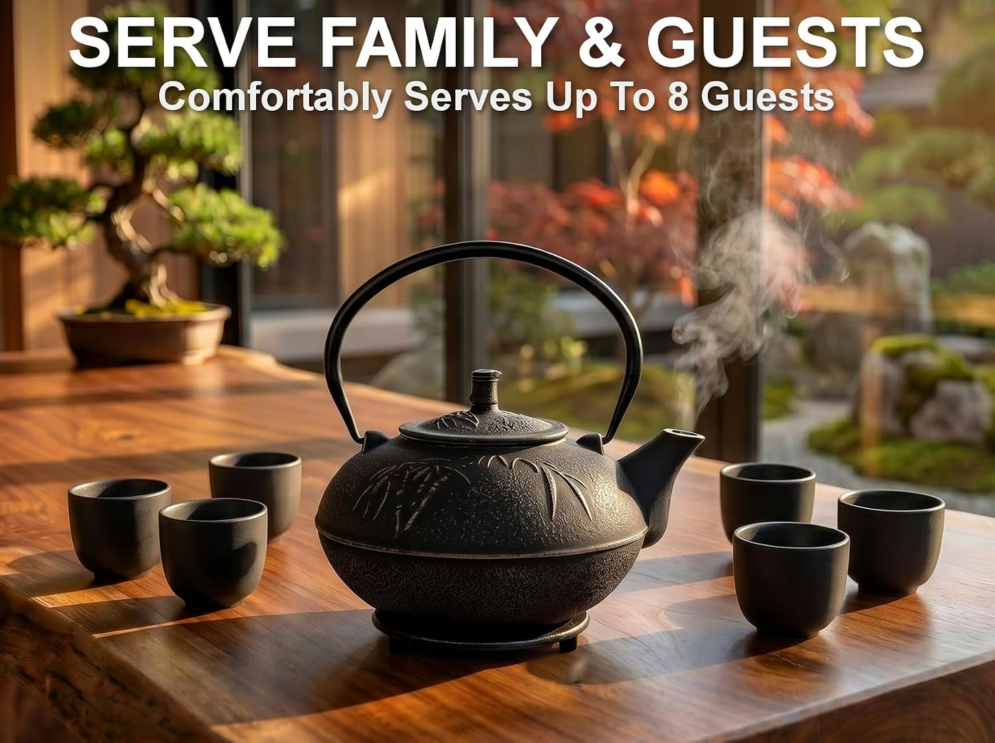 85 Oz XXL Black Bamboo Cast Iron Teapot, Enamel Interior, Infuser &amp; Trivet