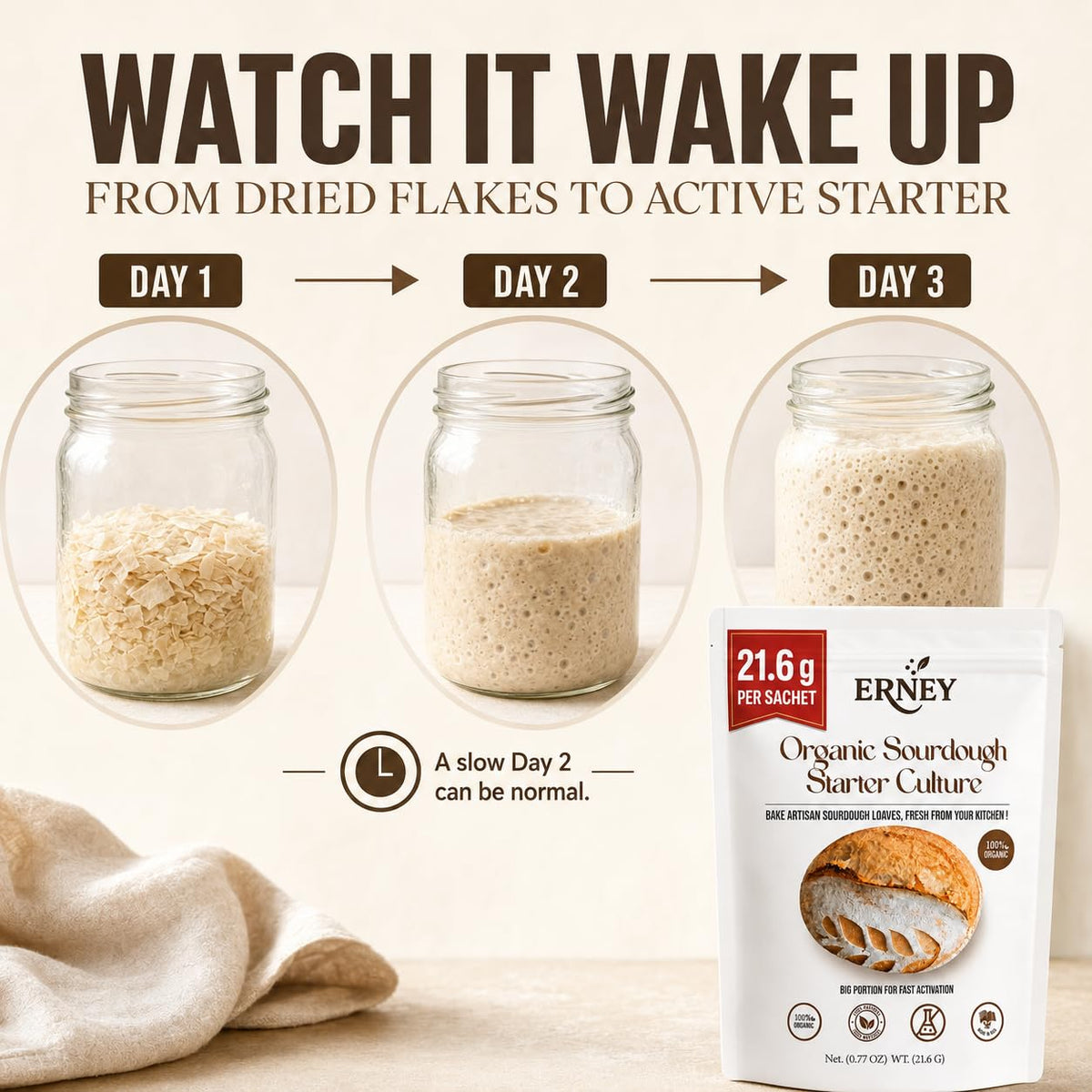 ERNEY Dehydrated Sourdough Starter - 21.6g Sachet for Artisan Bread