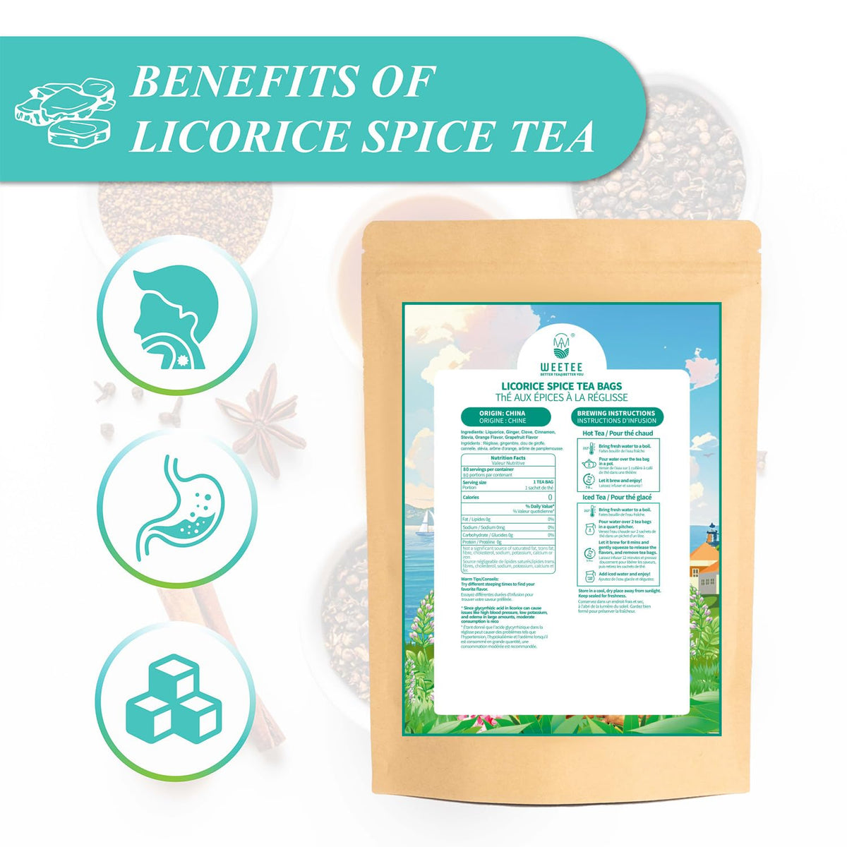 WT WEETEE Licorice Spice Herbal Tea Bags 80ct, Sweet &amp; Warming Citrus Blend | Caffeine-Free Infusion with Real Licorice Root, Spices &amp; Citrus Notes | Cozy Post-Meal Wellness Tea, Perfect Hot or Iced
