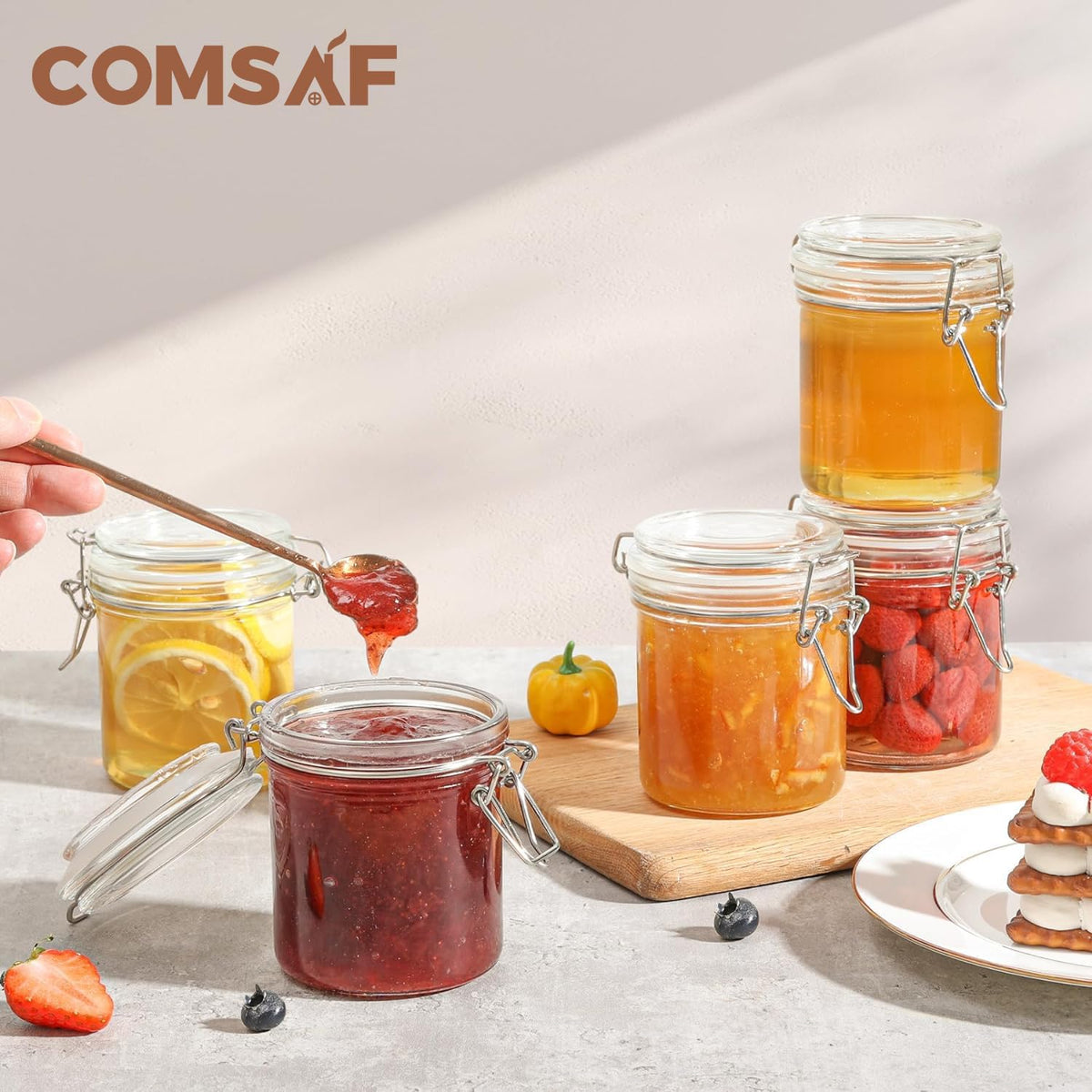 ComSaf 8oz Small Airtight Glass Jars Set of 6 with Lid Food Storage Jar Round, Mini Storage Container with Clear Preserving Seal Wire Clip Fastening for Kitchen Canning, Jam, Spice, Honey, Mason Jars
