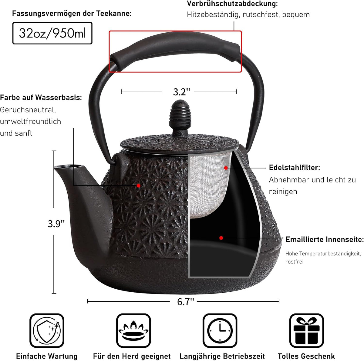 Cast Iron Teapot, 32oz Tea Kettle with Infuser for Stove Top, Sakura Blossom Pattern Japanese Tea Pot for Tea &amp; Coffee Coated with Enameled Interior, Silicone Handle 950ml black
