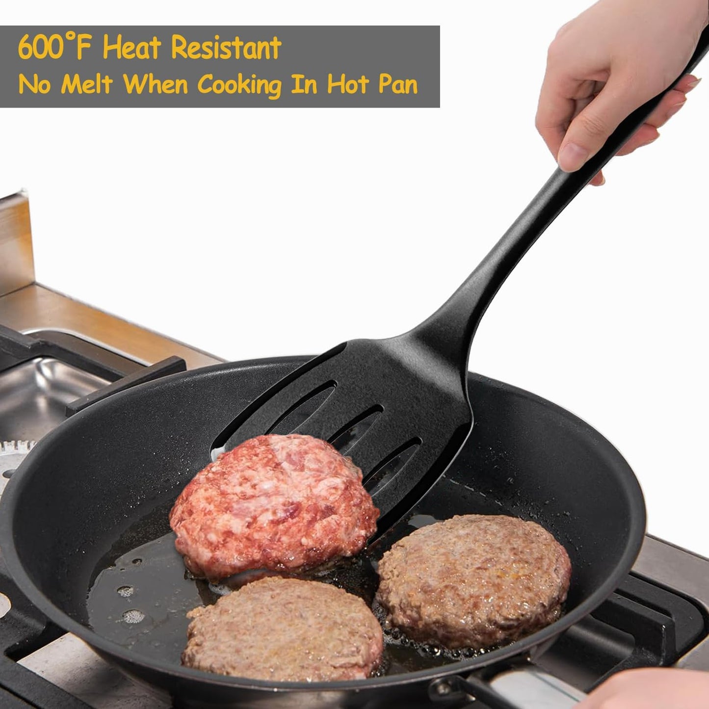 Silicone Spatula Set, 600°F Heat Resistant Silicone Spatula Turner Flipper for Cooking, Non Stick and Non Scratch Kitchen Utensils for Eggs &amp; Pancakes, 4 Pack, Black
