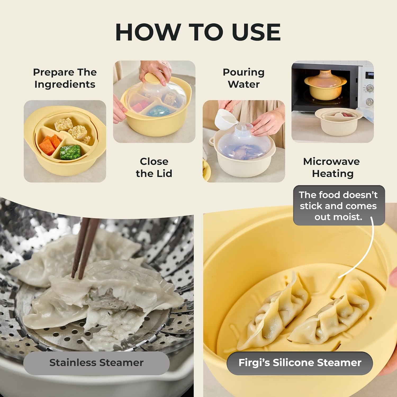 48oz Platinum Silicone 3 Compartmented Microwave Steamer Pot with Handle & Lid - Korea 100% Food-Grade Steamer Bowl,