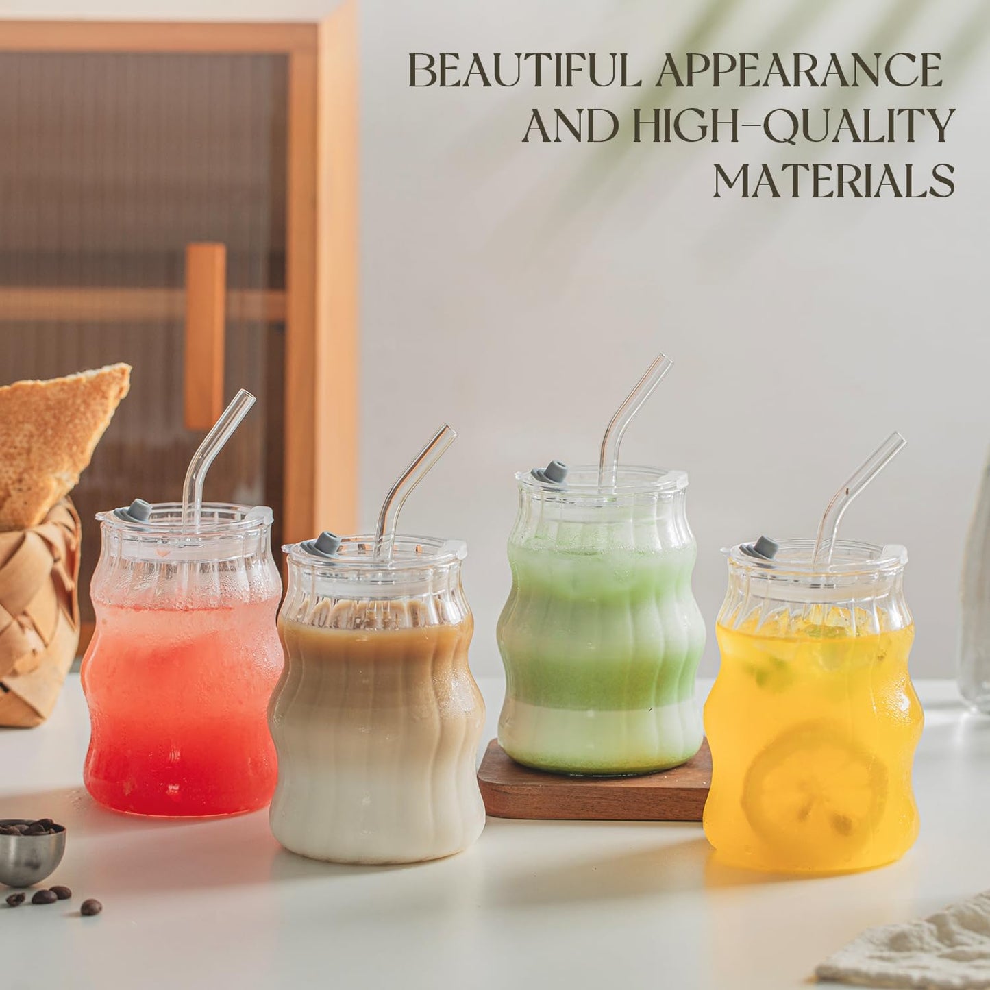 KEMORELA 4PCS Ribbed Glass Cups with Lids &amp; Straws – 18oz Vintage Wavy Coffee Cups, Bubble Glass Aesthetic for Iced Coffee, Clear Ribbed Glasses with Straws, Ideal Drinkware Set