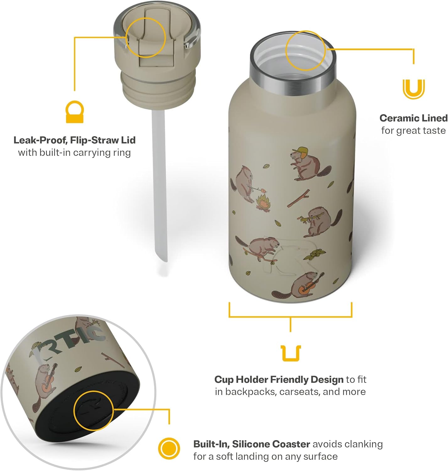 Rtic Little Journey Bottle with Straw, Insulated, Stainless Steel, Metal, Double Wall Vacuum-Insulation, Ceramic-Lined, Leak-Proof Lid