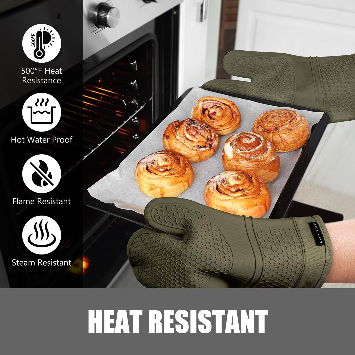 RORECAY Silicone Oven Mitts and Pot Holders Sets, Gloves for Kitchen, Olive | Set of 6 Kitchen Mitts for Baking &amp; Cooking, Heat Resistant 500 ℉, 12.7" Extra Long, Non-Slip &amp; Waterproof, Quilted Cotton