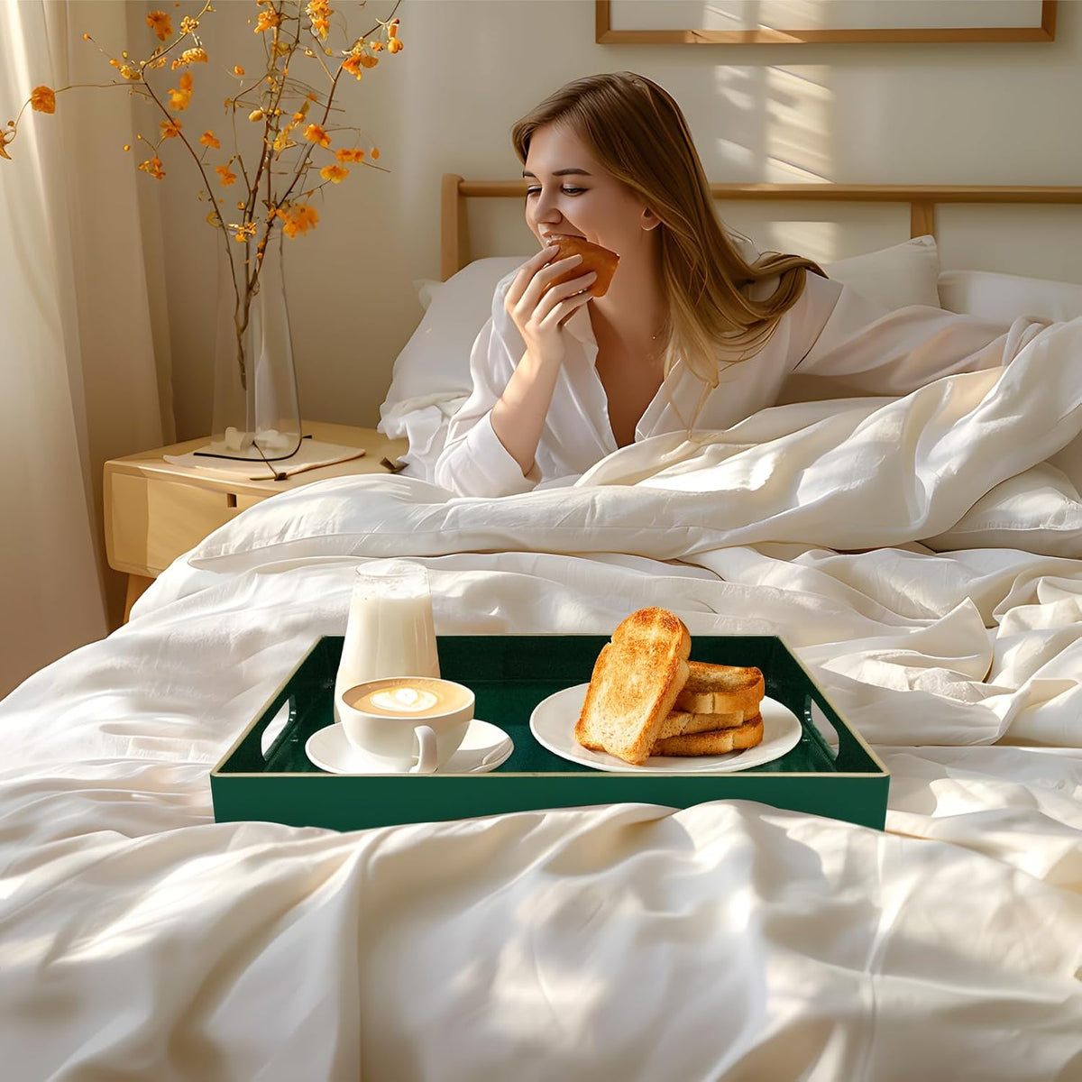 MAONAME Dark Green Decorative Tray for Ottoman, Serving Tray with Handles | Plastic Coffee Table Tray, Modern Melamine Tray, Rectangle Countertop Organizer Tray for Living Room, 15.8"L x 10.2"W x 1.4"H