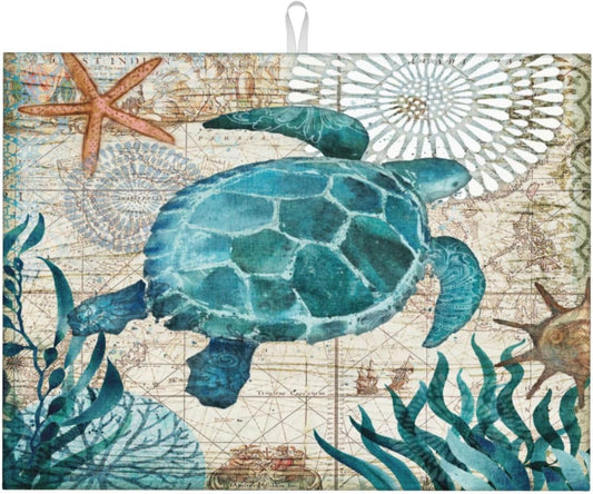 Ocean Sea Turtle Dish Drying Mat for Kitchen Counter 18x24 in, Retro Map Microfiber Drying Mats Absorbent Reversible Dish