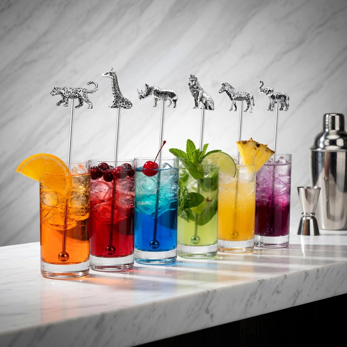 Homestia 6 Pcs 7.5'' Metal Stir Sticks, Cocktail Stirrers, w/Animal Decor | Reusable Stainless Steel Coffee Stirrers, Zinc Alloy Wildlife Head Beverage Drink Stirring Set for Bar Restaurant Home Use