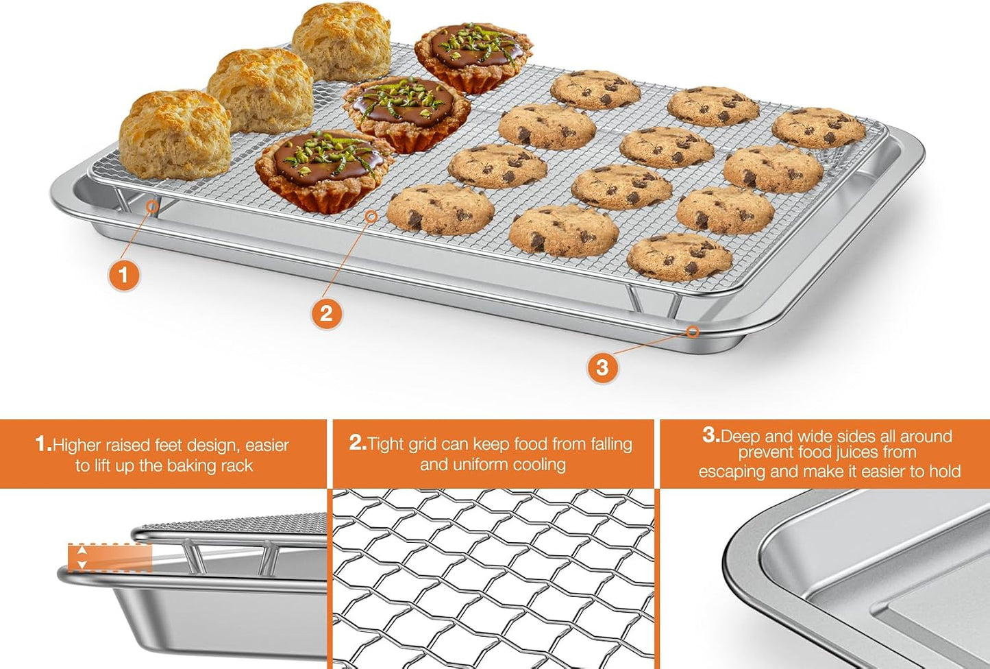 Onlyfire Stainless Steel Baking Sheet with Rack, 15.35 x 11.5 Inches | Cookie Sheet Pan Tray with Cooling Rack, Nonstick Roasting Pan Baking Pan for Oven, Smokers and Pellet Grills