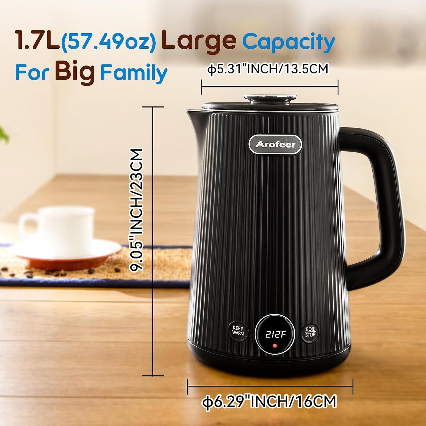 Arofeer® Electric Kettle Temperature Control, 1.7L Stainless Steel Electric Tea Kettle with LED Display, 5 Presets, 4-Hour Keep Warm, Fast Boil Hot Water Kettle for Tea, Coffee &amp; Oatmeal, Black