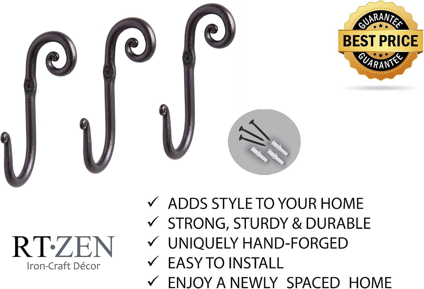 RTZEN Classic Farmhouse Wall Mount Multi-Use Wrought Iron Hook Set (3 Pack)