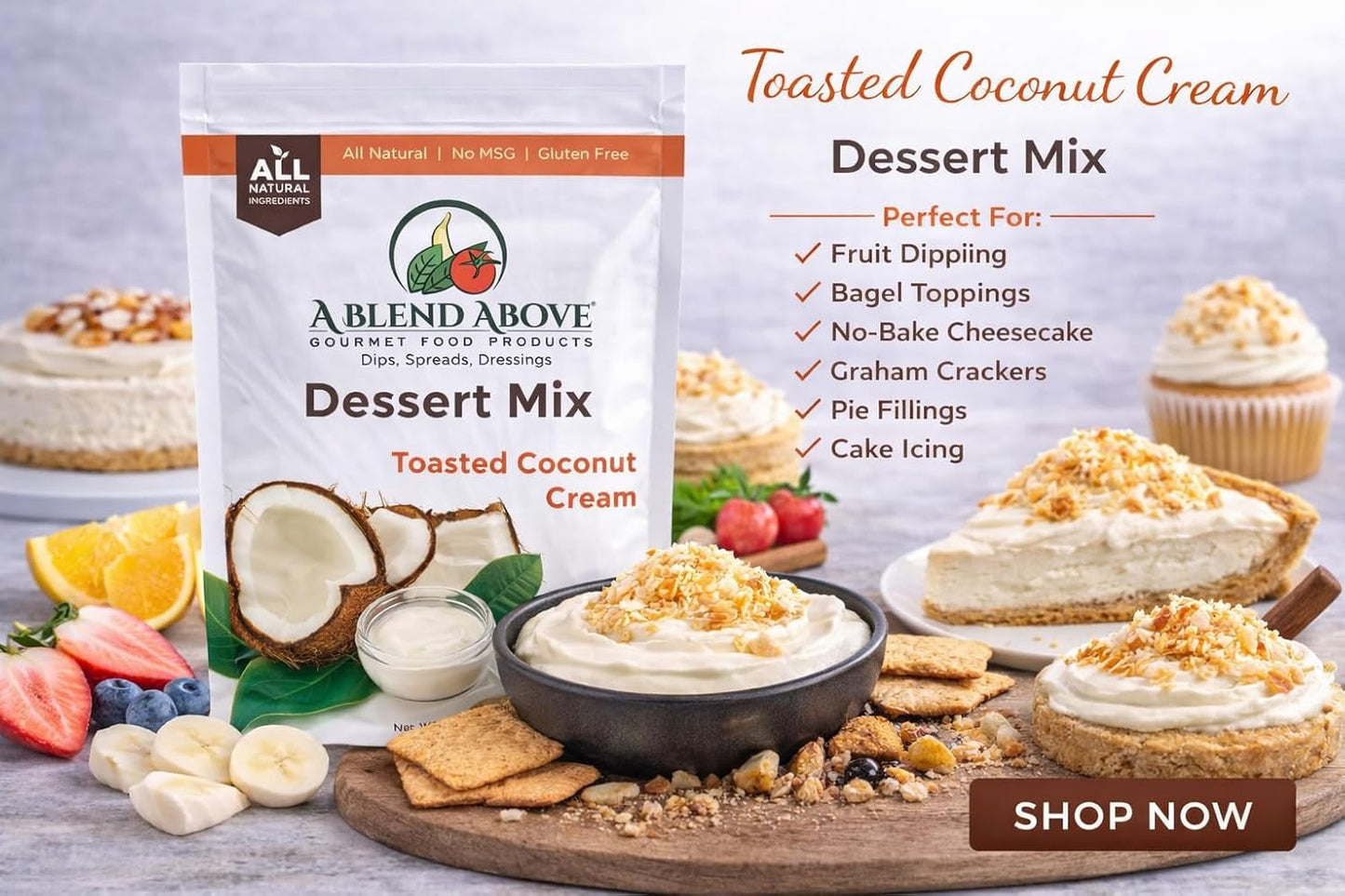 A Blend Above Toasted Coconut Cream Cheesecake Mix - No-Bake Desserts, All Natural, Gluten Free, No MSG - Instant Dessert Mix, Fruit Dip, Bagel Topping, Frosting, Cheesecake Filling - Makes 16 Oz (Pack of 3)