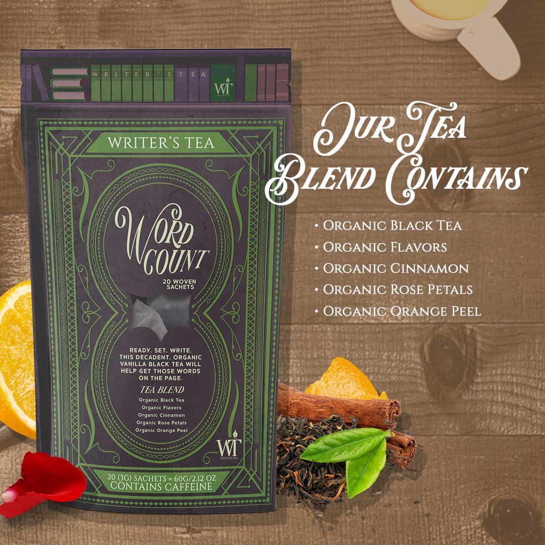 Writer's Tea Word Count - Energy Tea - Black Tea, Flavoring, Cinnamon, Rose Petals, and Orange Peel Tea Blend - Contains
