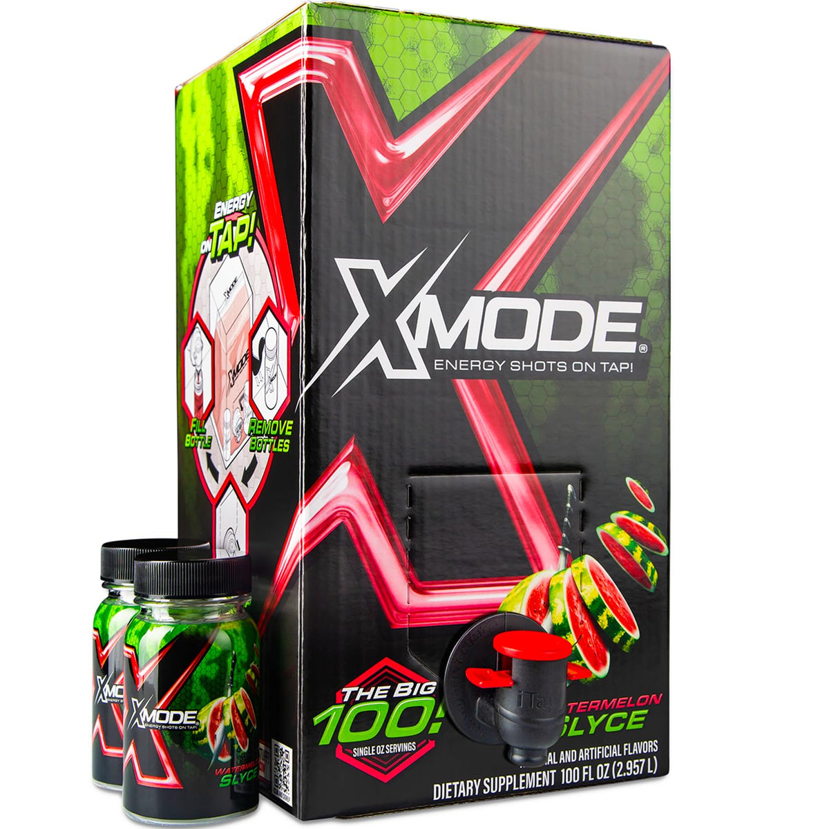 XMODE Energy Shots on Tap Dispenser – 100 (1oz) Servings with 2 Refillable Bottles, Watermelon Slyce Flavor, Extra Strength with 150mg Caffeine/oz, B12 and Sugar Free