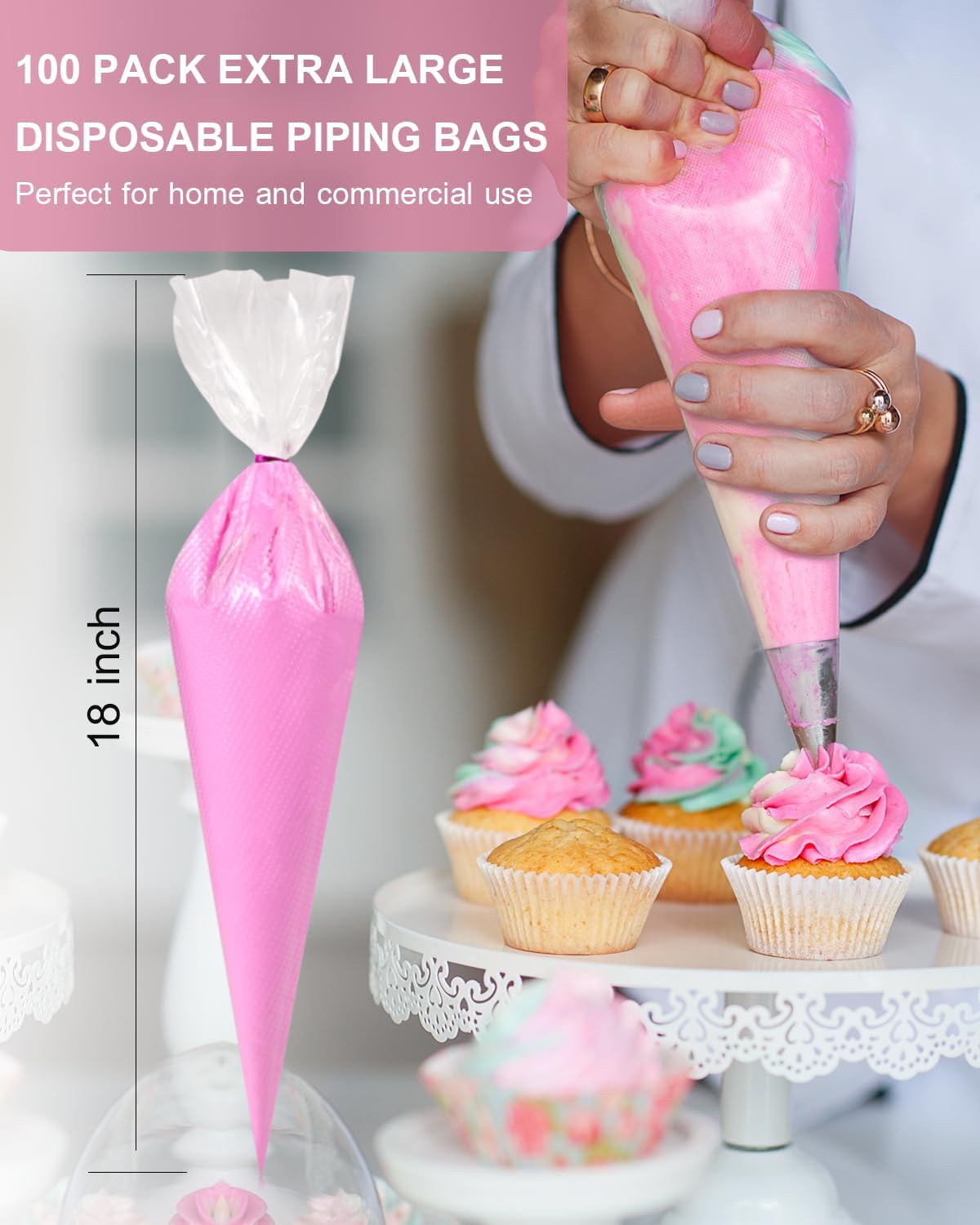 18 Inch Large Piping Bags Disposable, 100 Pieces Icing Bags, Tipless Piping Bags, Thickened Pastry Bags, Non-Slip &amp; Anti-Burst, Frosting Piping Bags for Cakes Cookies Decoration