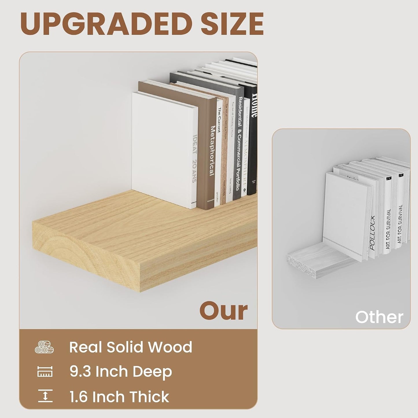 Floating Shelves24 Inch Long , 9 Inch Deep Floating Shelves for Wall, Solid Wood Floating Shelf, Deep Wall Shelves for Living Room, Bathroom, Kitchen, 24"W x 9.3"D x 1.6"H, Burlywood, Set of 2