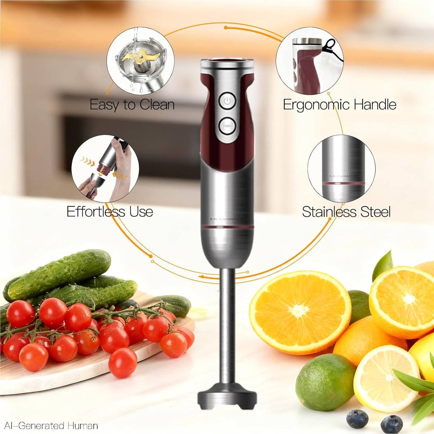 MegaWise 5-in-1 Immersion Hand Blender, Titanium Reinforced Blades (80% Sharper), 12-Speed Powerful Stick Blender with 500ml Chopper, 600ml Beaker, Whisk &amp; Milk Frother for Smoothies, Baby Food &amp; Soup