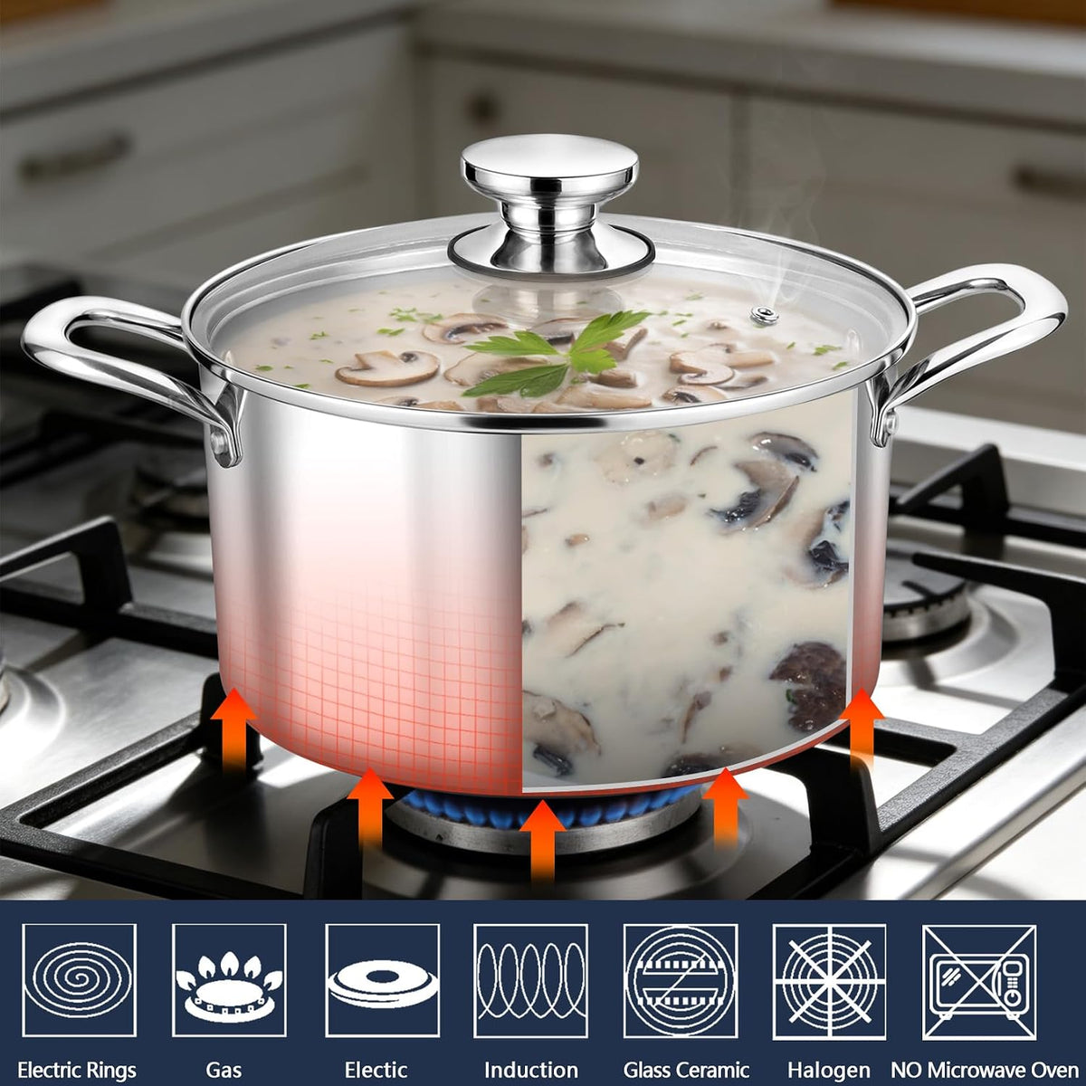 P&P CHEF 6 Quart Tri-Ply Stainless Steel Stock Pot, 6 Qt Stockpot Pasta Cooking Pot with Visible Lid for Soup Vegetable, Induction Cookware for All Stoves, Sturdy & Double Handle, Dishwasher Safe
