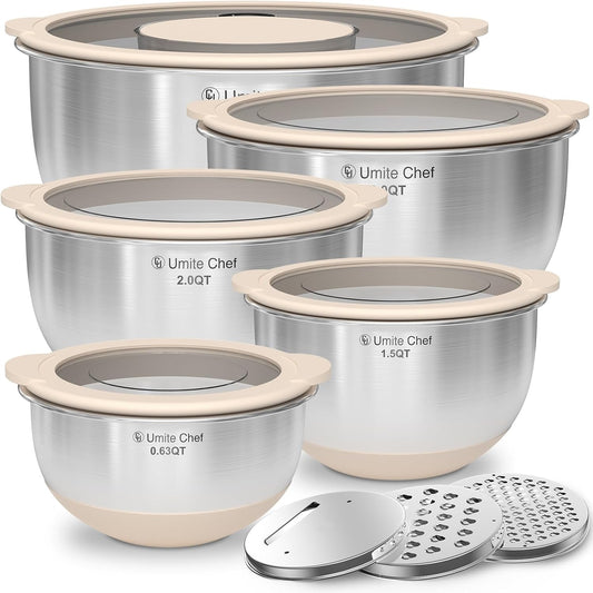 Mixing Bowles Set with Lids Set - Warp-Proof TPR-AS Lids, Stainless Steel Mixing Bowl with 3 Graters & Measuring Lines,