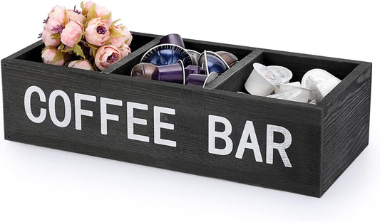 ELLDOO Coffee Bar Wooden Storage Box with Removable Grids, Station Organizer Pod Holder, Rustic Coffee Accessories for