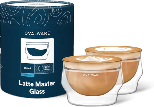 ovalware 8.5oz Double Wall Latte Cups, Latte Set of 2 - Double Wall Glasses for Cold & Hot Drink, Palm-Sized Cups with Wide