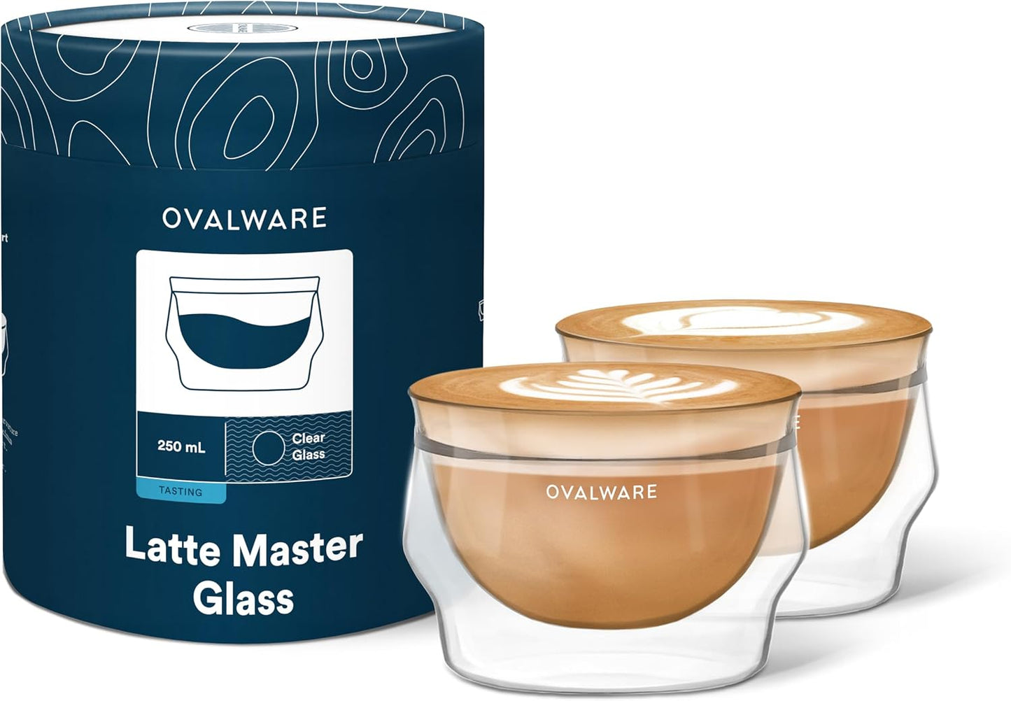 ovalware Double Wall Latte Art Cups 8.5oz/250ml | Set of 2, Wide Rim | Palm-Sized Borosilicate Build Keeps Beverages Hot or Iced | Ideal for Cappuccino &amp; Specialty Brewing | Clear