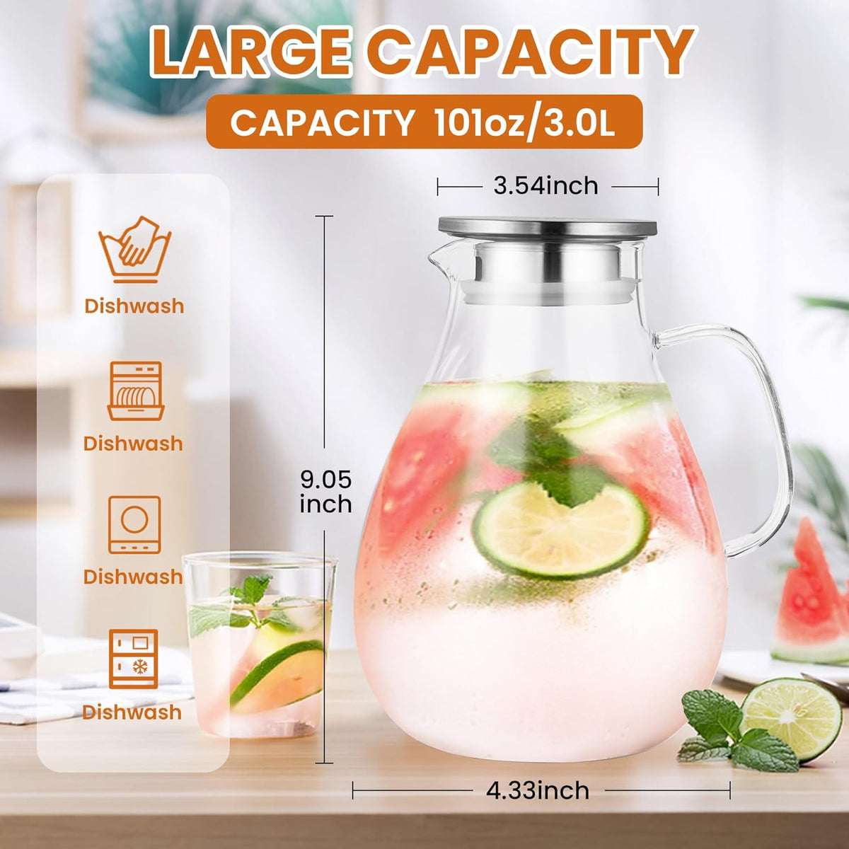 SUSTEAS 3 Litre 101oz Glass Pitcher with Lid and Spout, Handmade Pitcher | Glass Carafe for Cold/Hot Drink, Water Pitchers for Fridge, Large Water Jug for Iced Tea, Juice, Coffee, Homemade Beverage