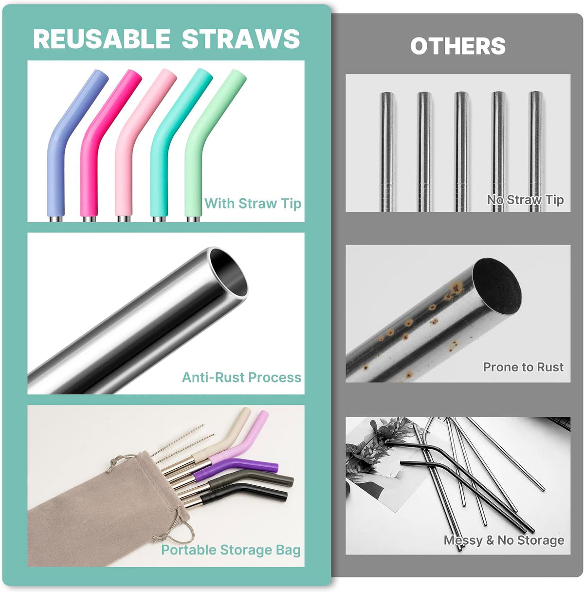 12" Long Metal Straw for Stanley 40oz Cup, Reusable Straw with Silicone Tip