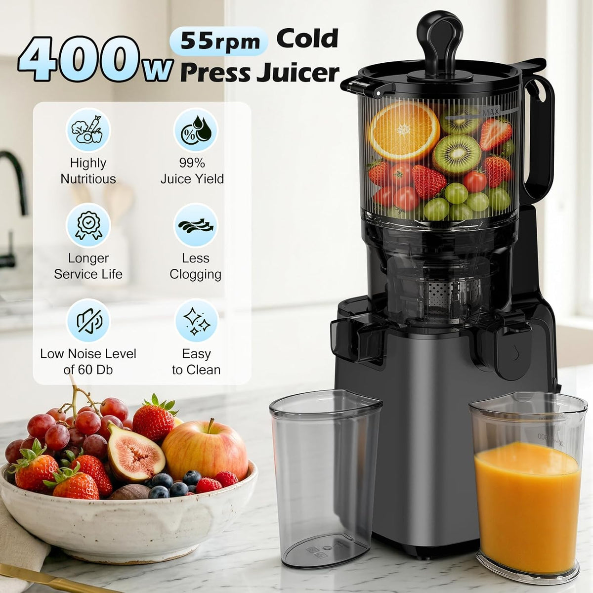 Juicer Machines with 5.8" Large Feed Chute, Cold Press Juicer For Whole Vegetables and Fruits, 400W Professional Slow Masticating juicer Easy to Clean for Batch Juicing (Titanium Gray)