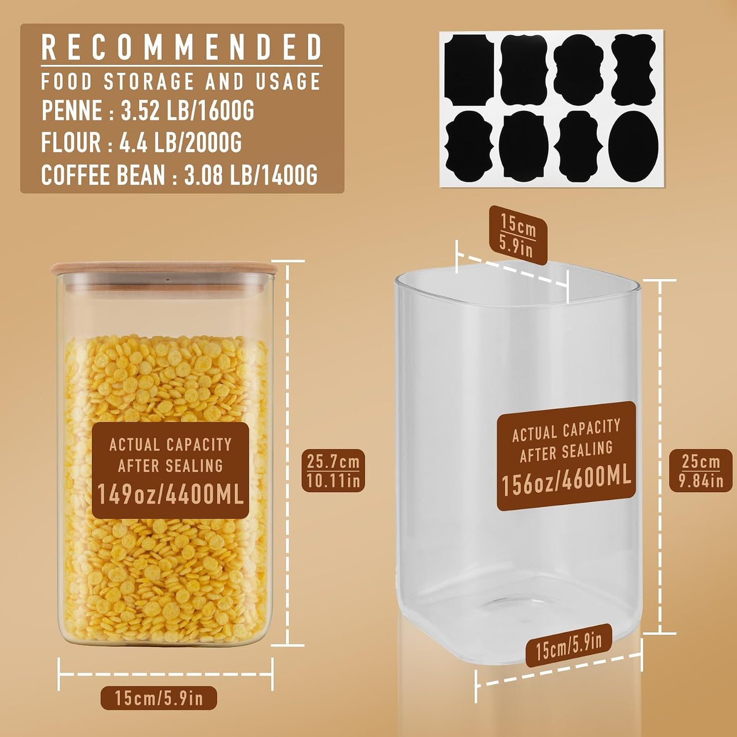 D2scrma 149oz Airtight Glass Square Storage Canister with Bamboo Lid Set of 2(4400ml*2) Large Gallon Glass Jars for Sugar, Flour, Cookies and Coffee beans (‎with Black Lable)