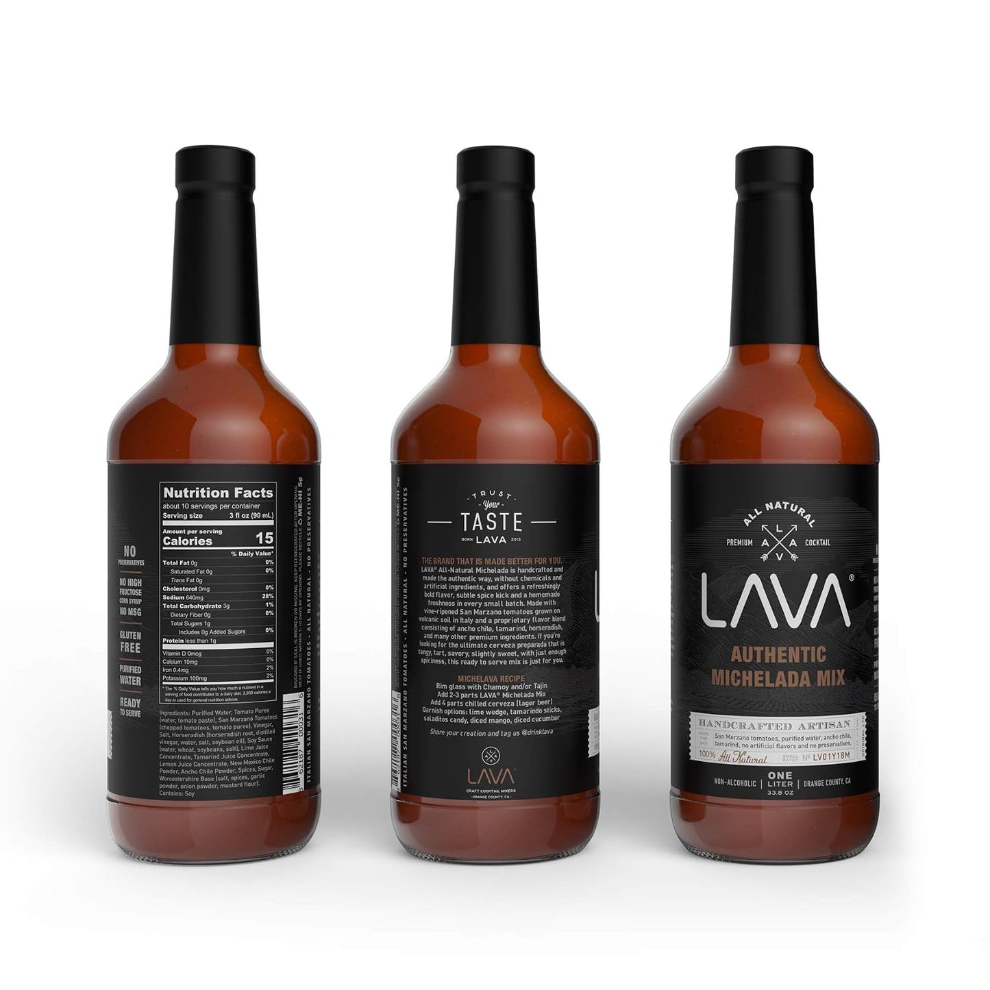 LAVA Premium Authentic Michelada Mix Craft Cocktail Mixer, Made with Real Tomatoes, Ancho Chile Peppers, Tamarind, No Junk Ingredients, Vegan, 1-Liter (33.8oz) Glass Bottle, Ready to Use
