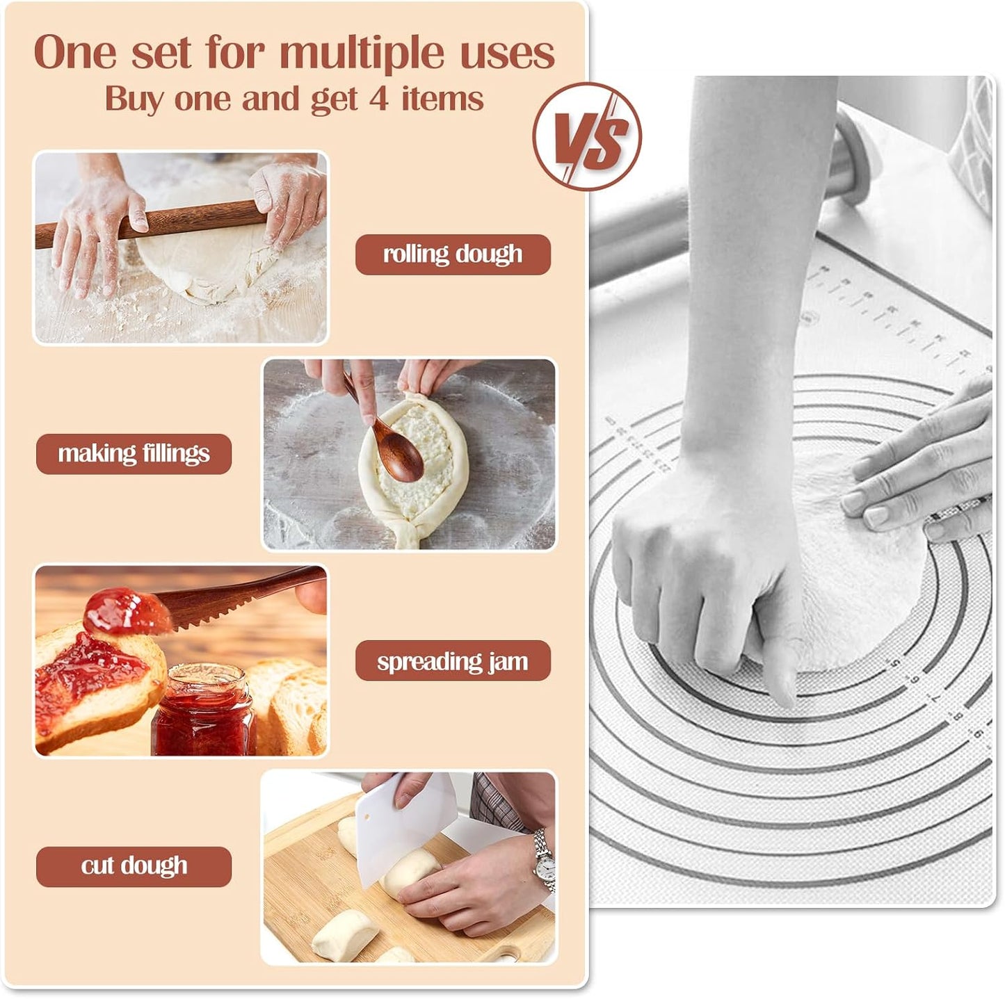 6PCS Silicone Baking Mat Set, Pastry Mat with Measurements Wooden Rolling Pin/Knife/Fork/Spoon/Scraper, Pasta Cutter,Non-slip Silicone Mat, Non-Stick Dough Mat for Counter,Kneading Mat Set,28''*20''