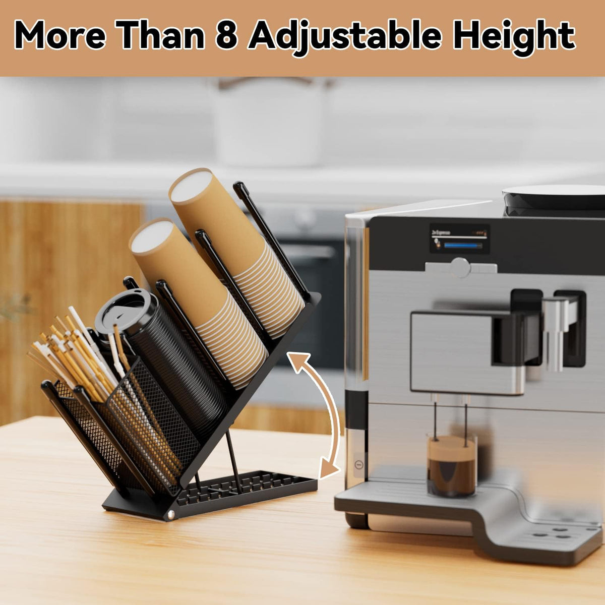 Coffee Cup and Lid Holder - 4 Compartments Plastic Paper Cups Dispenser | 8 Tilt Angle Adjust 100pcs+ 8-22oz Disposable Cups Holder with Straw Basket for Coffee Bar Station Countertop Breakroom Black
