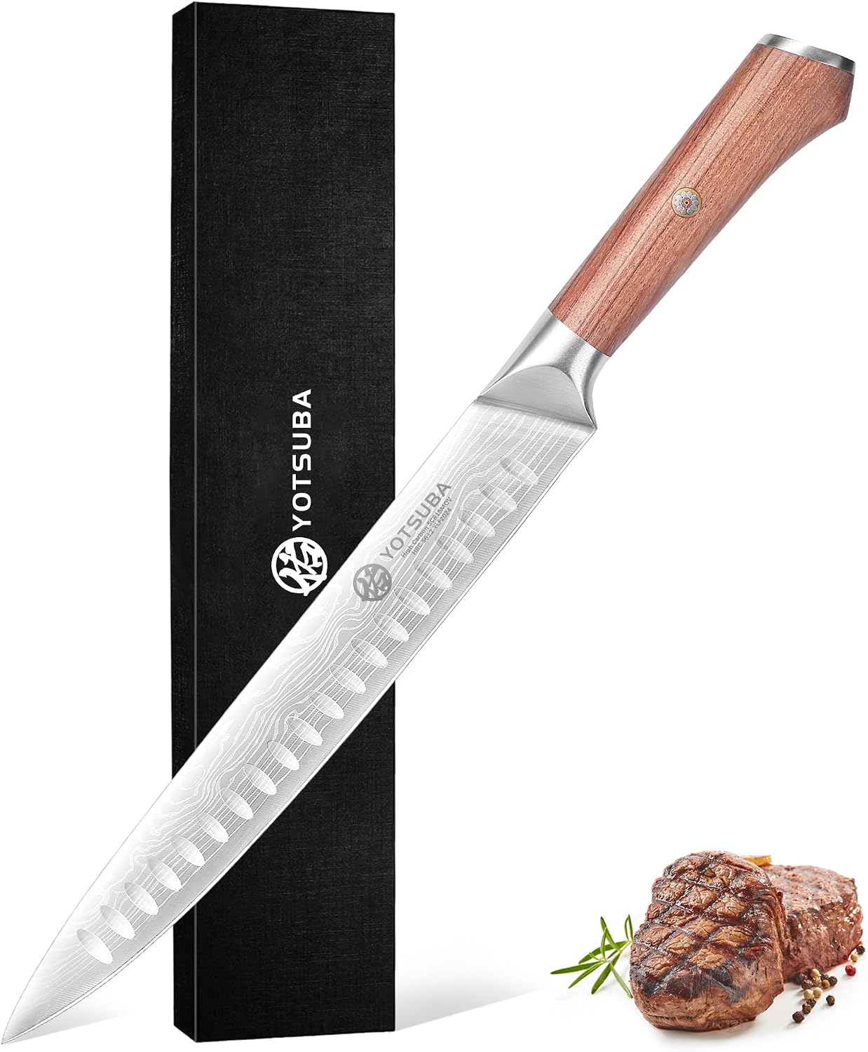YOTSUBA 10 Inch Japanese Style Premium Natural Rosewood Carving Knife | Slicing Knife, High Carbon Steel Brisket Knives, Butcher Breaking Knives for Meat Cutting and Cooking with Gift Box