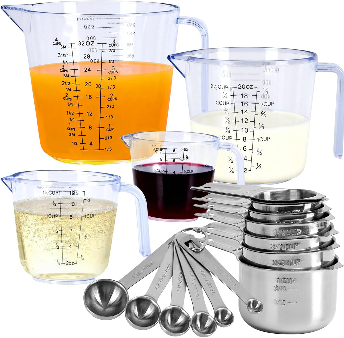 7x Stainless Steel Measuring Cups with 6x Measure Spoons Set,4x Py&amp;Res Plastic liquid Measurings Cups for Liquids,Kitchen Gadgets for Cooking &amp; Baking Utensils Christmas Gift (17Pcs)