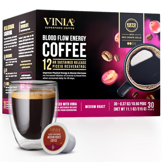 VINIA Blood Flow Energy Coffee Pods - Medium Roast Infused with Red Grape Piceid Resveratrol for Physical Energy & Mental