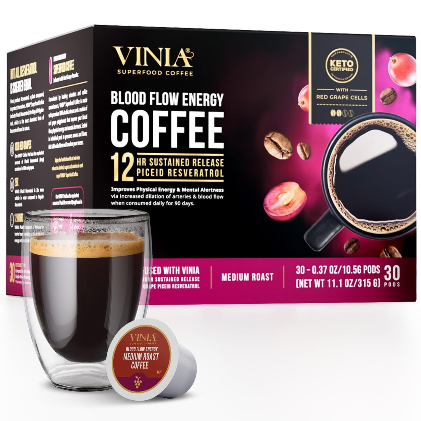 VINIA Blood Flow | Medium Dark Roast Coffee Pods | K-Cup Pods, 30 Count | Functional Coffee | 100% Arabica | Red Grape Piceid Resveratrol | Heart Health, Physical Energy, Alertness, Circulation