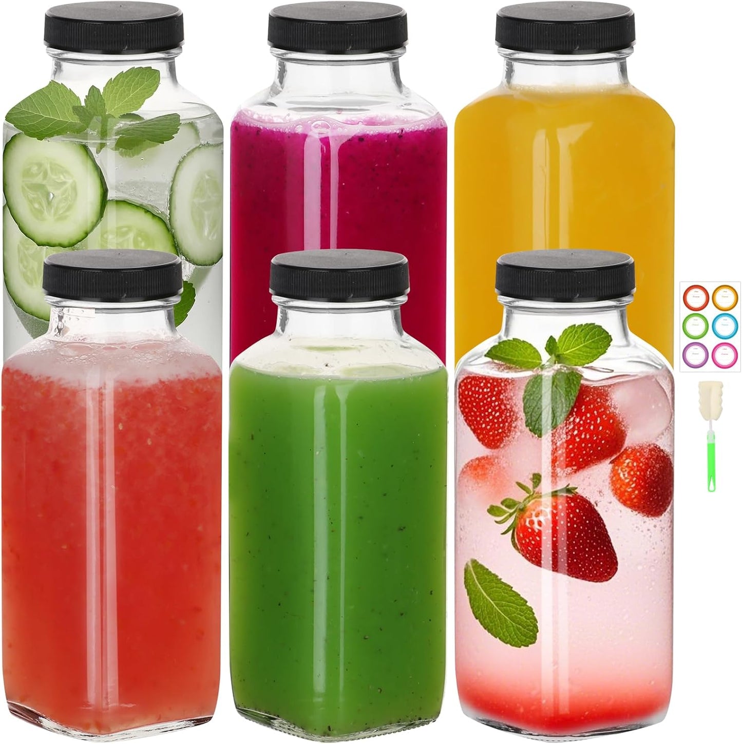 BIGIVACA 12 oz Glass Juice Bottles with Lids,6 PACK Bottles for Juicing,Square Drinking Jars Glass f