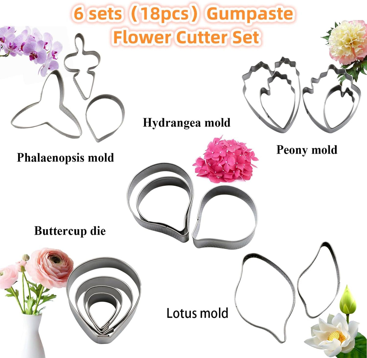 KALAIEN 18Pcs Gumpaste Fondant Flower Cookie Cutter Set of 6