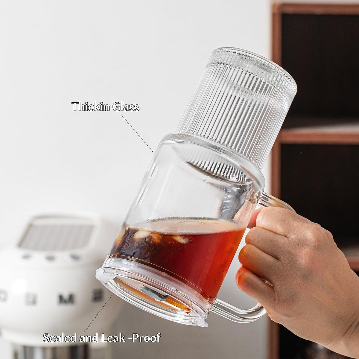 INSETLAN 24oz Glass Tumbler with Handle &amp; Lid – 2-Pack Large Iced Coffee Cups with Straws, Modern Glass Mug for Cold &amp; Hot Beverages, Aesthetic Glass Cups for Smoothies, Tea, and Juice