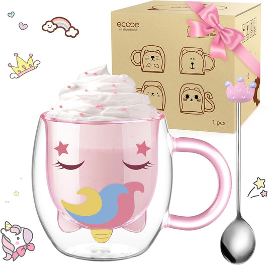 ecooe Cute Unicorn Mug Double Walled Glass Mug 9.4oz Coffee Cup Cappuccino Latte Glass Milk Tea Cup with Handle Spoon,