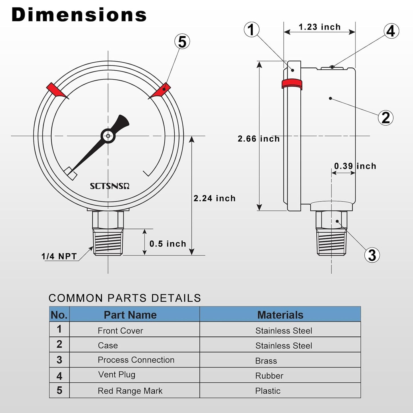 0 to 5000 Psi Hydraulic Pressure Gauge, Liquid Filled, 1/4" NPT