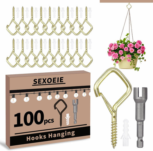 100 PCS Gold Eye Screw Hooks for Hanging Heavy Duty with Safety Buckle.Metal Ceiling Hooks for Hanging Plants Cup Wind Chime
